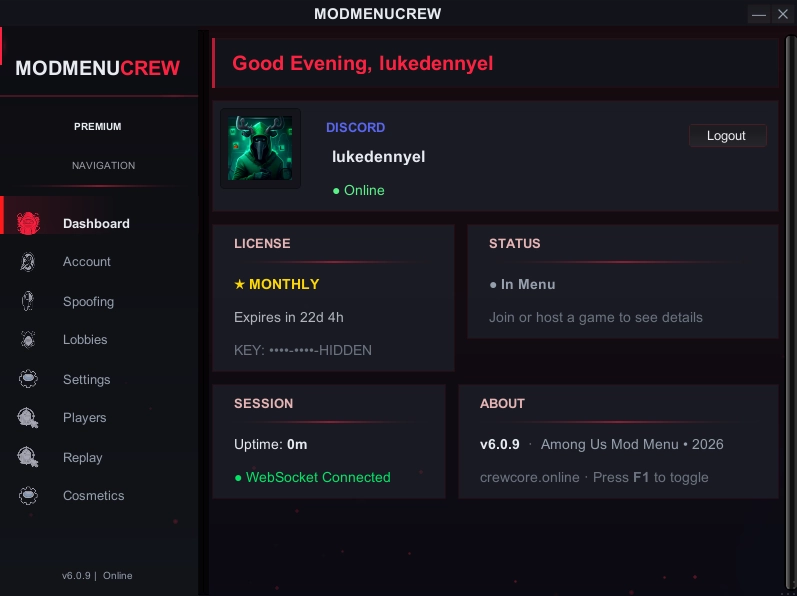 ModMenuCrew Among Us Mod Menu 2026 Dashboard — Main Interface with 80+ Cheats and Hack Features