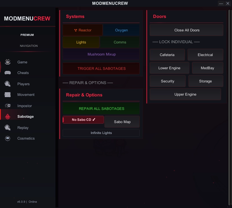 Among Us Hack Sabotage Tab — Door Lock, Infinite Lights, Reactor & O2 Controls